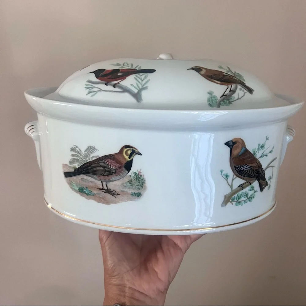 Vintage Louis Lourioux Le Faune birds covered terrine France Fireproof P…